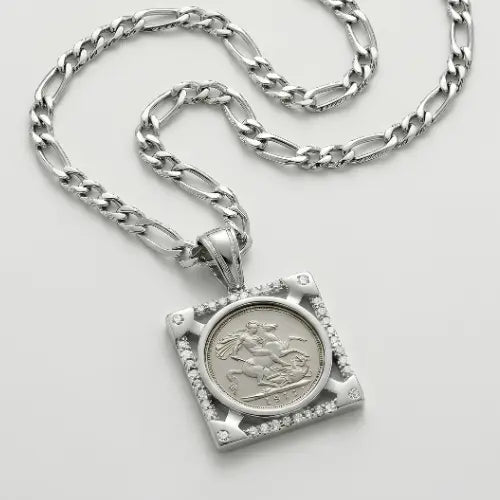 Silver Rhodium Plated Square Sovereign Pendant Necklace – 1911 St. George Coin with CZ Bezel